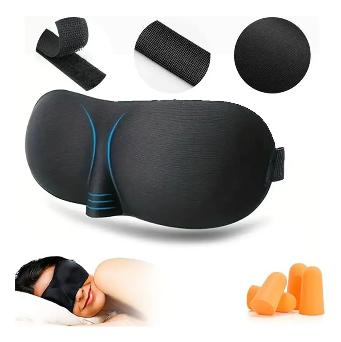 Máscara de dormir 3D para mulheres e homens, máscara de dormir para escuridão absoluta, tecido respirável com alça ajustável para cochilos, viagem e dois pares de tampões de ouvido