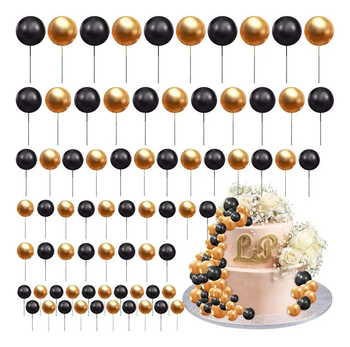 Conjunto de 120 bolas, conjunto de decoração para bolos, preto e dourado
