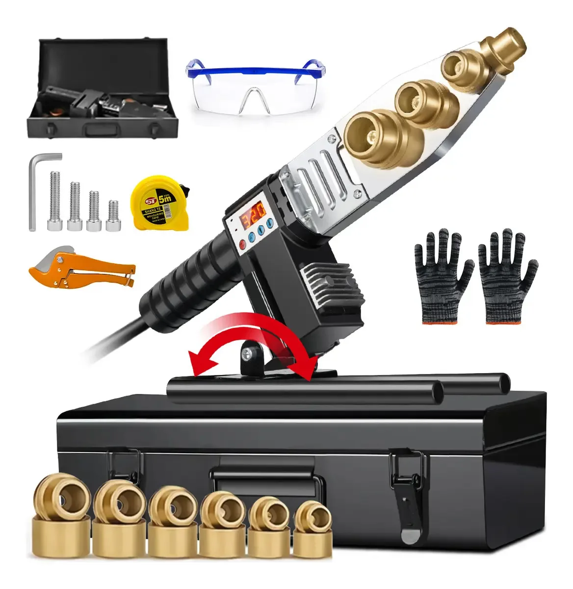 Kit de termofusão Cakila Ferramenta de soldagem de tubos de 2000 w, ângulo ajustável 0-320, display digital, dados e tesoura com 6 dados