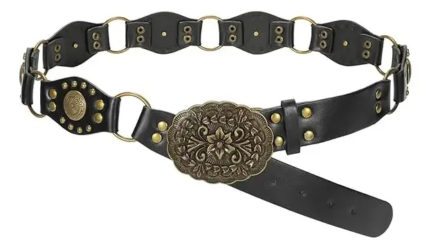 Cintos jeans femininos Cowgirl Vintage Flower para vestidos, cor preta, tamanho 130