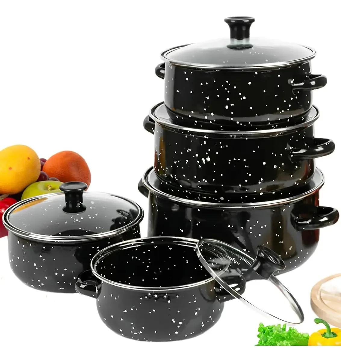 Conjunto de panelas de esmalte de cinco peças e conjunto de cozinha