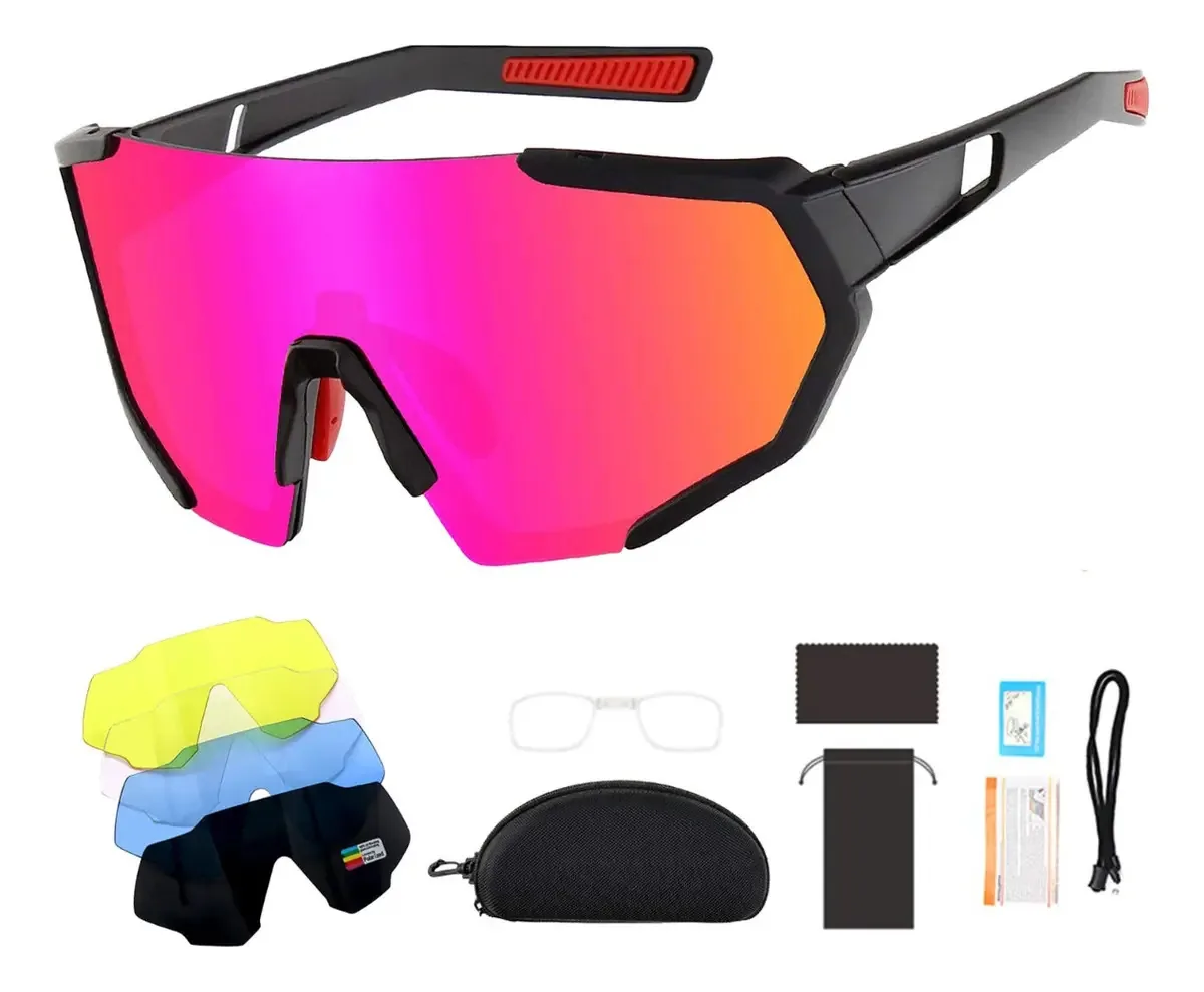 Lentes esportivas polarizadas para motociclismo e ciclismo com 5 lentes vermelhas, vareta, amarela, preta