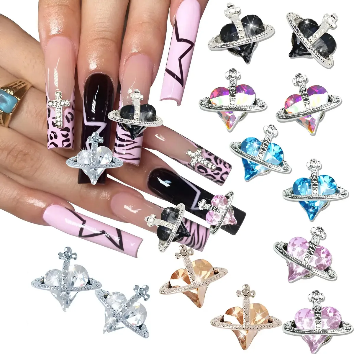 Acessórios de decoração de unhas com imitação de coração Retro Diamonds
