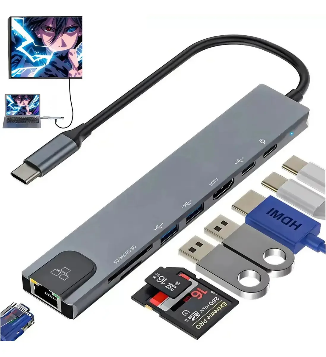 Hub USB Atrix Adaptador Hub Usb C 8 En 1 cinza-escuro