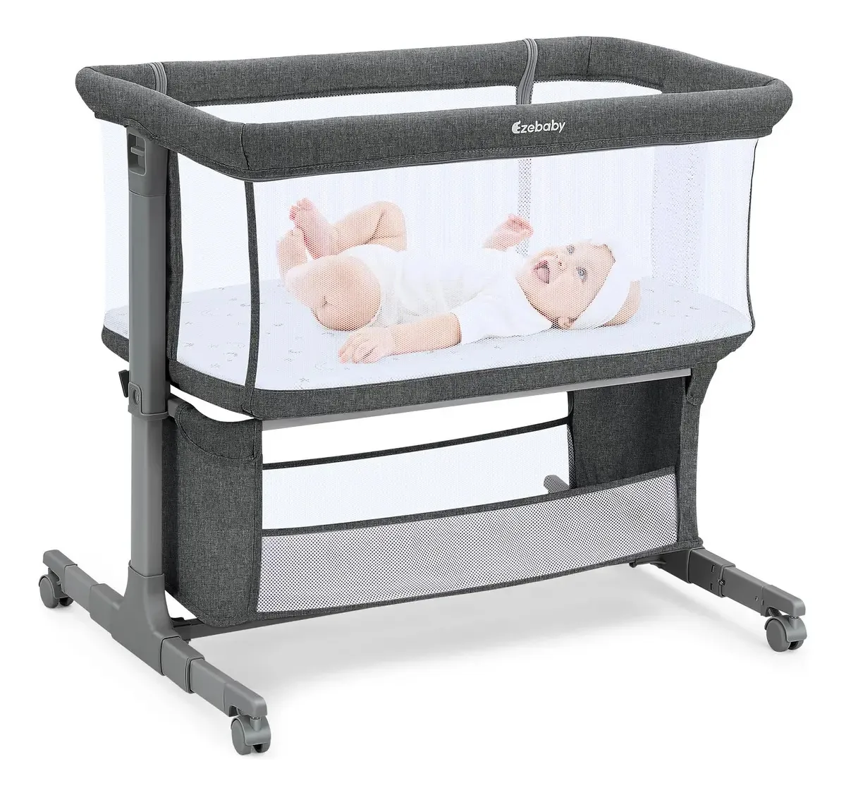 Berço de bebê portátil ajustável com cesta e rodas