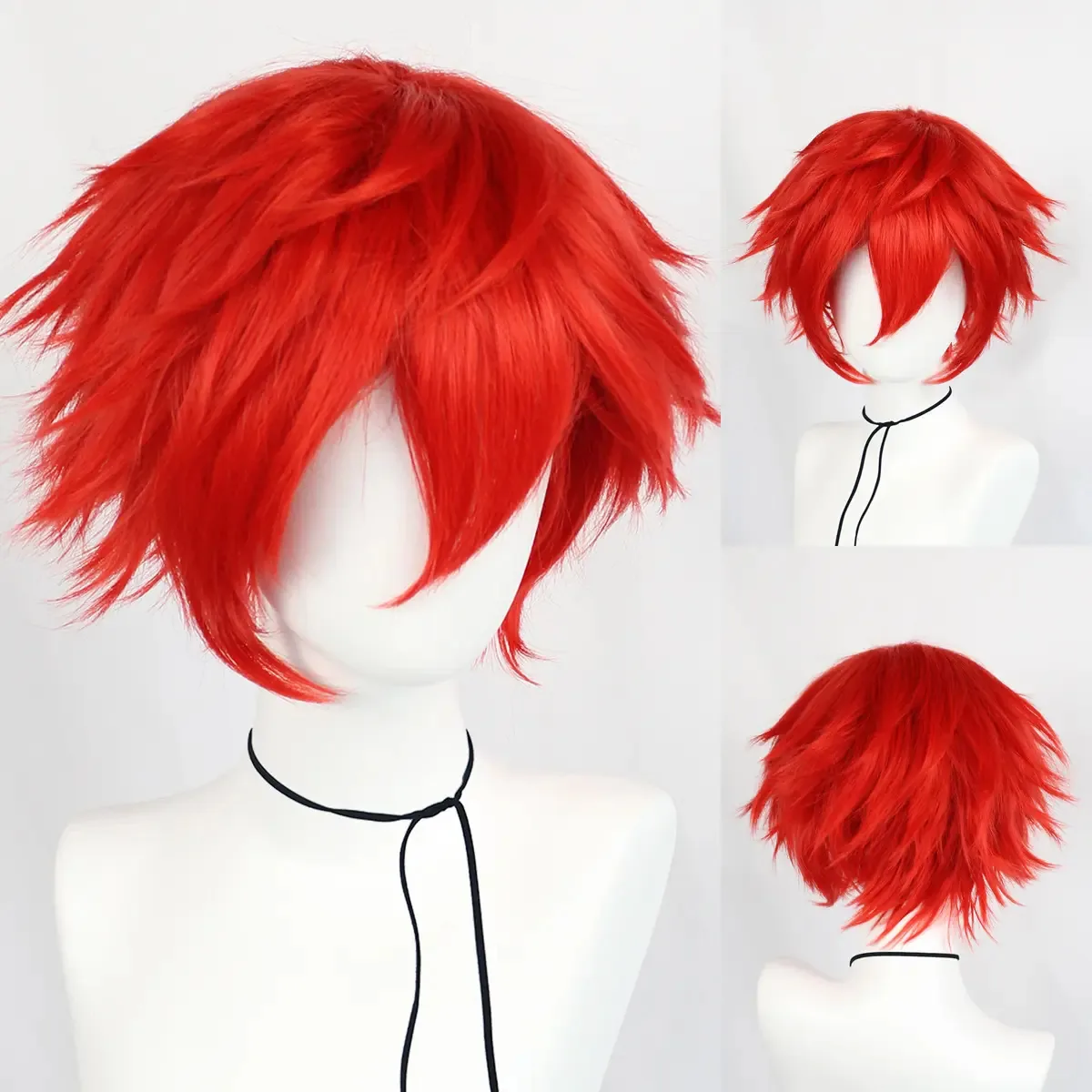 Perucas curtas de cosplay de anime para mulheres e homens, cor vermelha