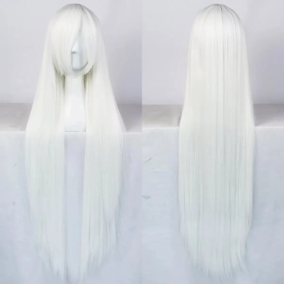 Perucas de cosplay pretas longas e retas para adultos, brancas, tamanho médio da base