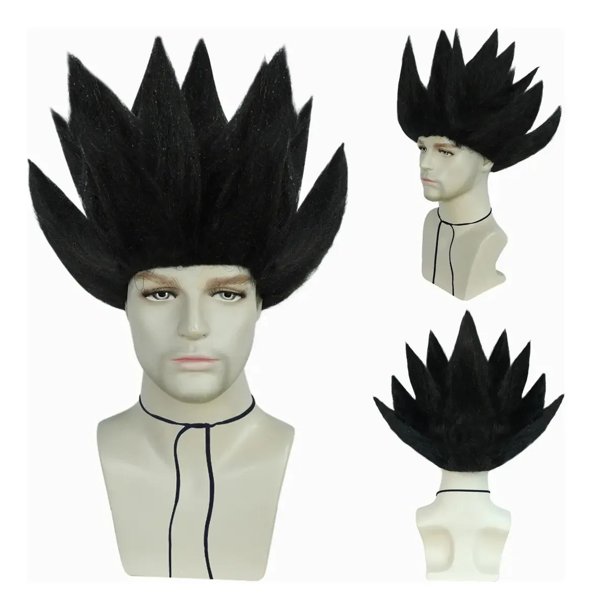 Peruca masculina de cosplay, peruca curta sintética com pontas, peruca de cosplay Son Goku, curta, reta e preta, cor kakarott preta