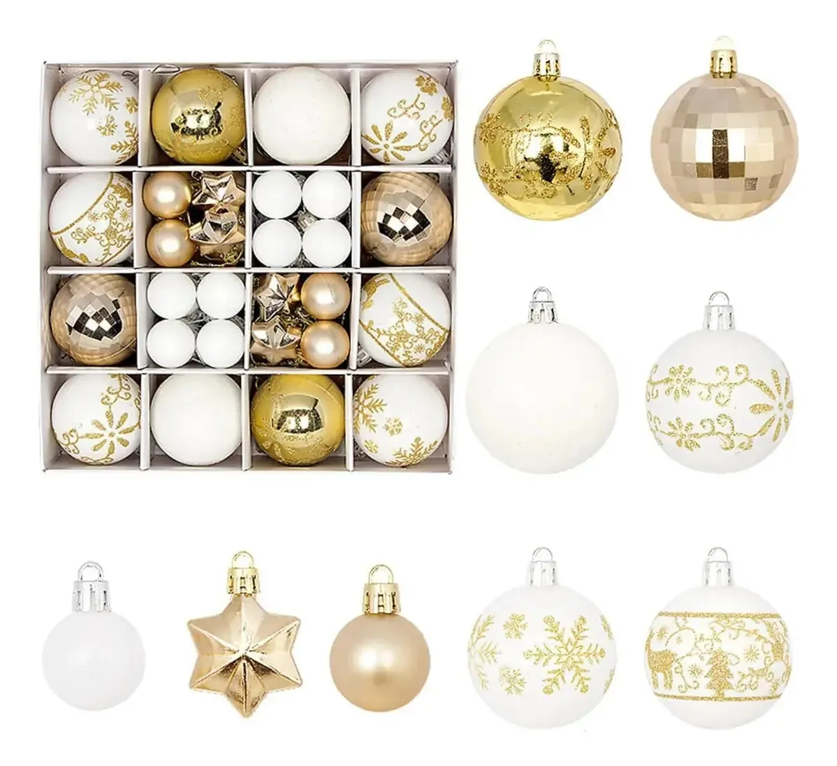 44 esferas de Natal decoradas, enfeites de árvore de Natal dourados e brancos