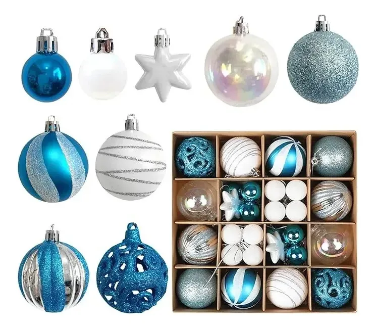 42 esferas de Natal decoradas, enfeites de árvore de Natal azuis e brancos