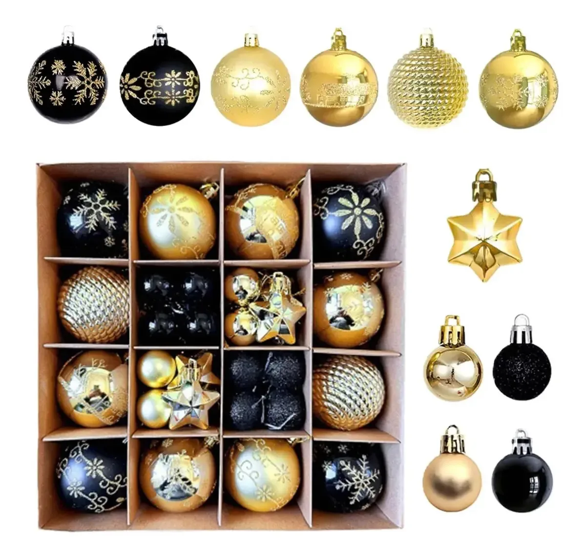 44 esferas de Natal decoradas, enfeites de árvore de Natal, preto e dourado