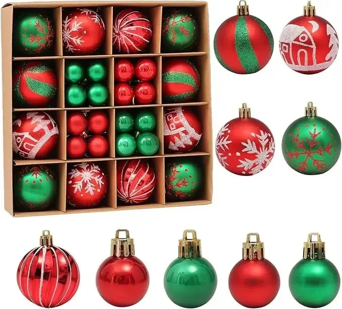 44 peças de esferas de Natal decoradas, enfeites de árvore de Natal verdes e vermelhos