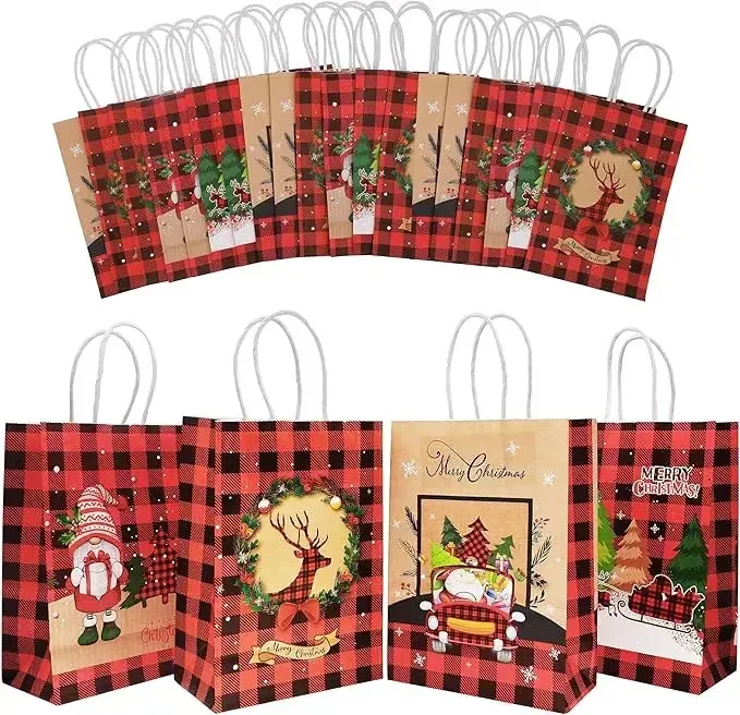 24 peças de sacos de papel Kraft, presente de Natal, doces e enfeites