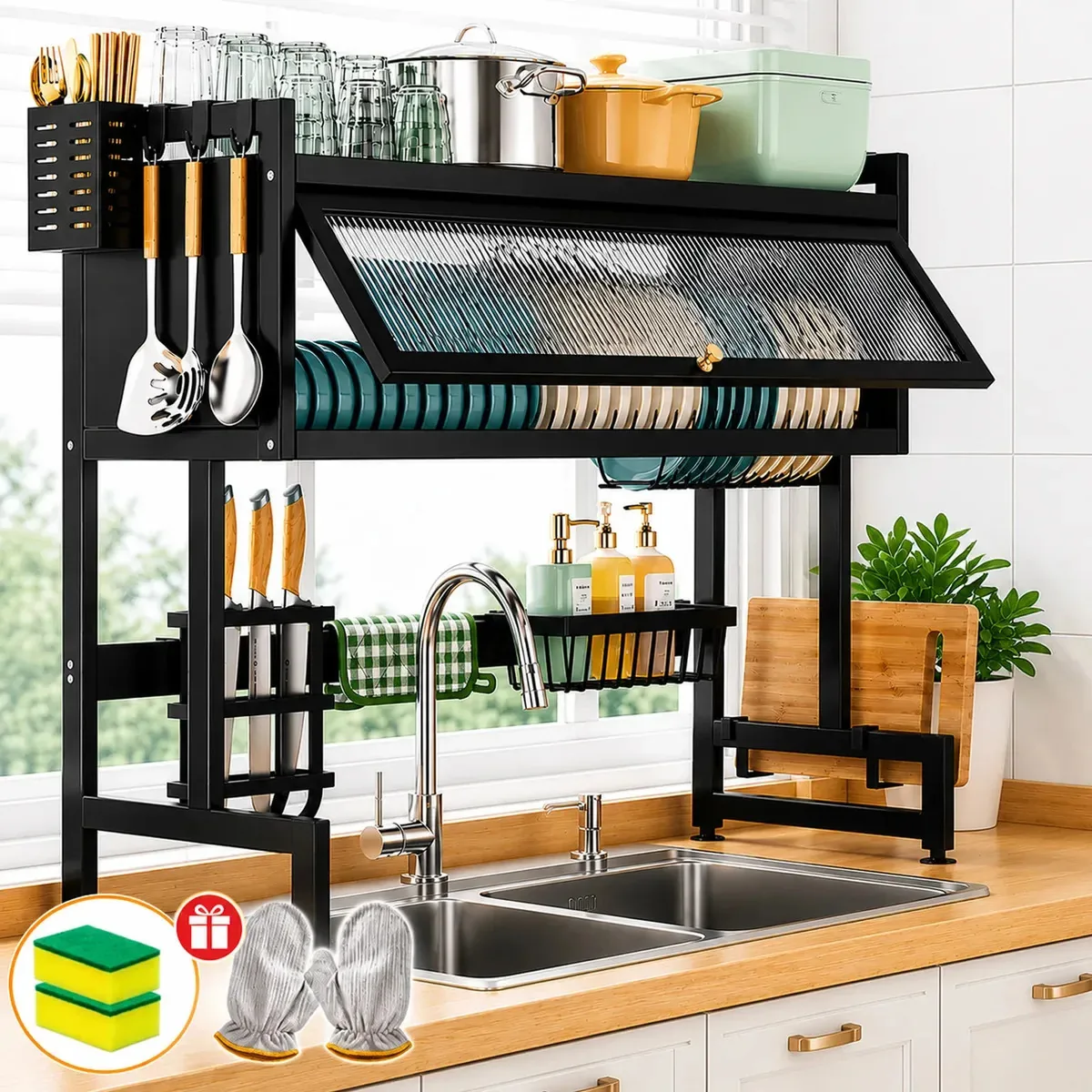 Escorredor De Louça 85cm Sobre Pia Preto Aço Carbono Com Porta Talheres E Organizador