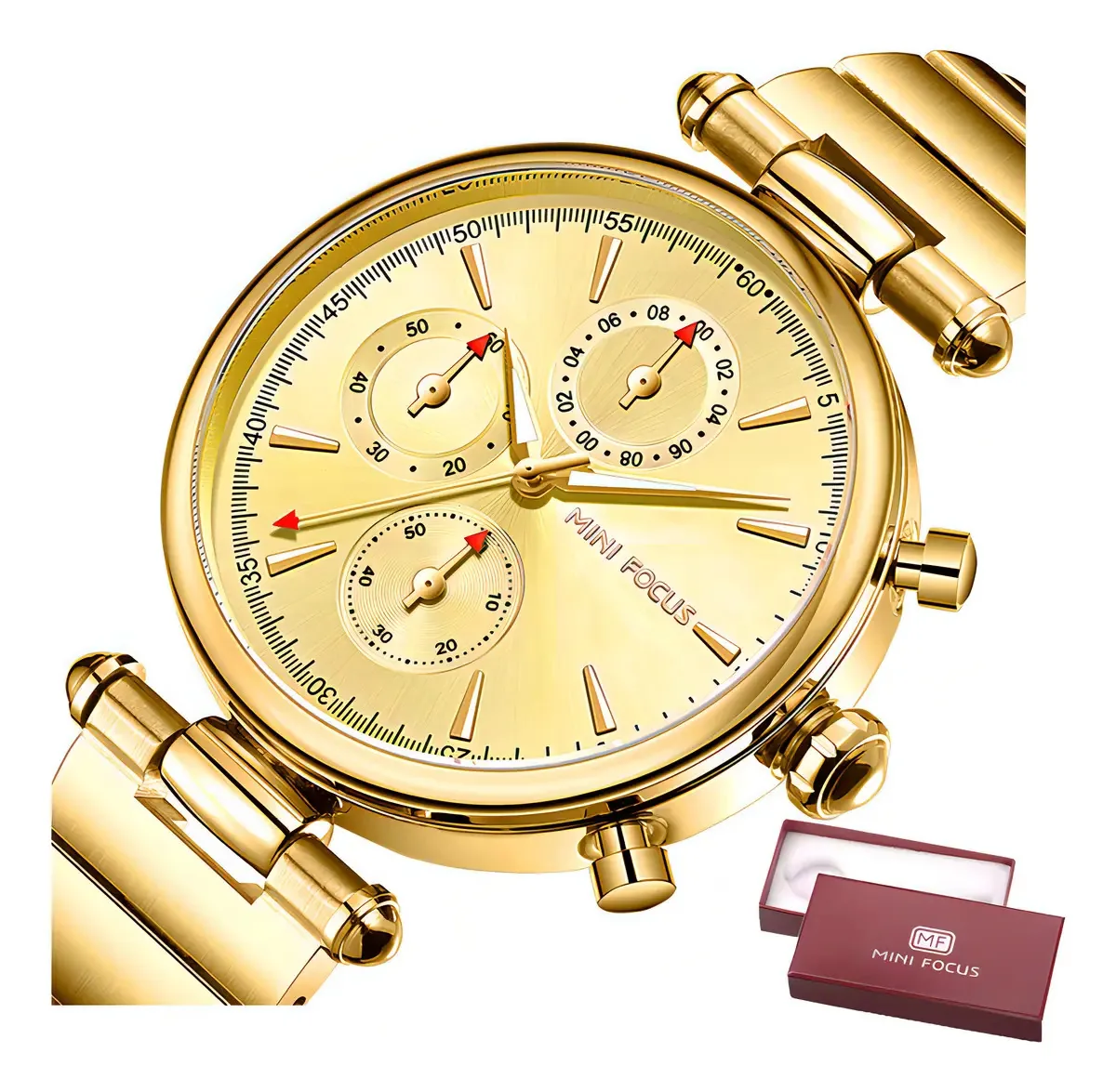 Relógios Elegantes Com Cronógrafo Luminoso Mini Focus Fundo Dourado