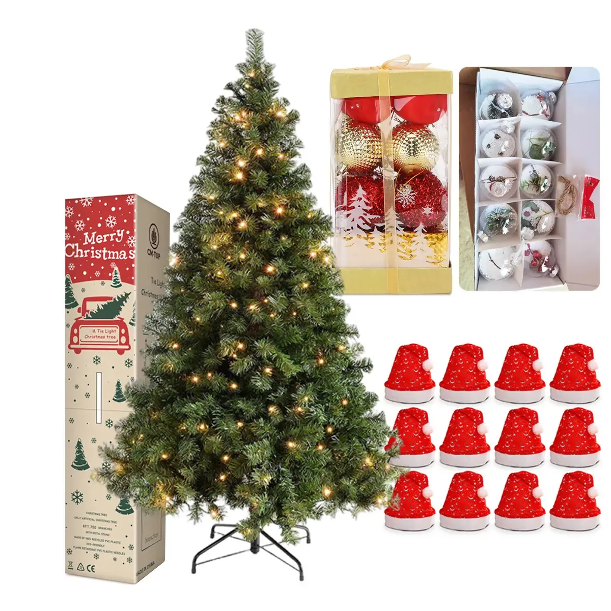 Árvores de Natal artificiais verde-pinho de 180 cm com 300 luzes LED, enfeites de bola de Natal e 12 chapéus de Papai Noel