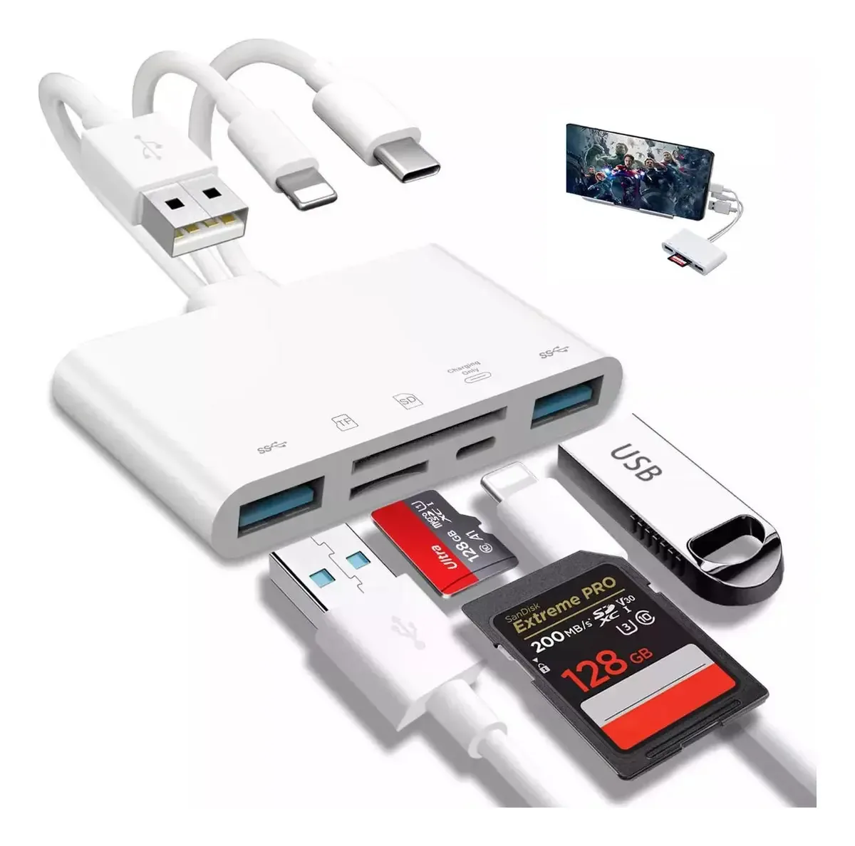 Leitor de cartão de memória Xtwe 5 em 1, adaptador USB OTG para iPhone/iPad/Xiaomi