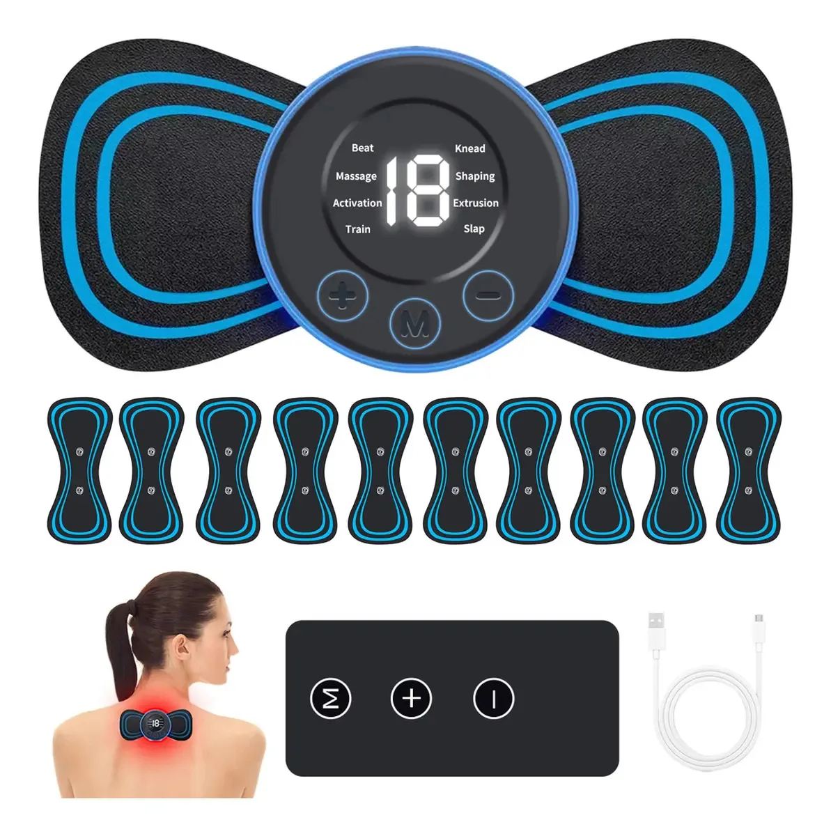 2 mini massageadores corporais elétricos portáteis com 10 adesivos para relaxar ombros, costas, pés e joelhos. Massageador muscular de pescoço, cor preta