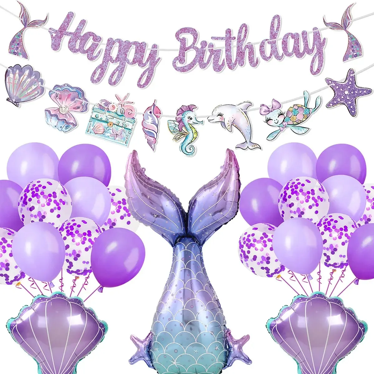 30 balões de sereia e banner para decoração de aniversário de lavanda