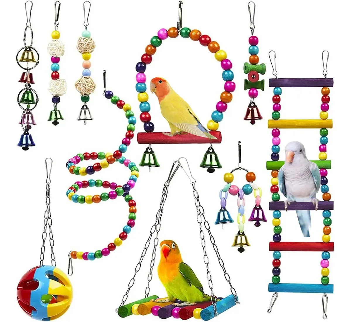 10 peças de brinquedos para papagaios e pássaros com escada e sino