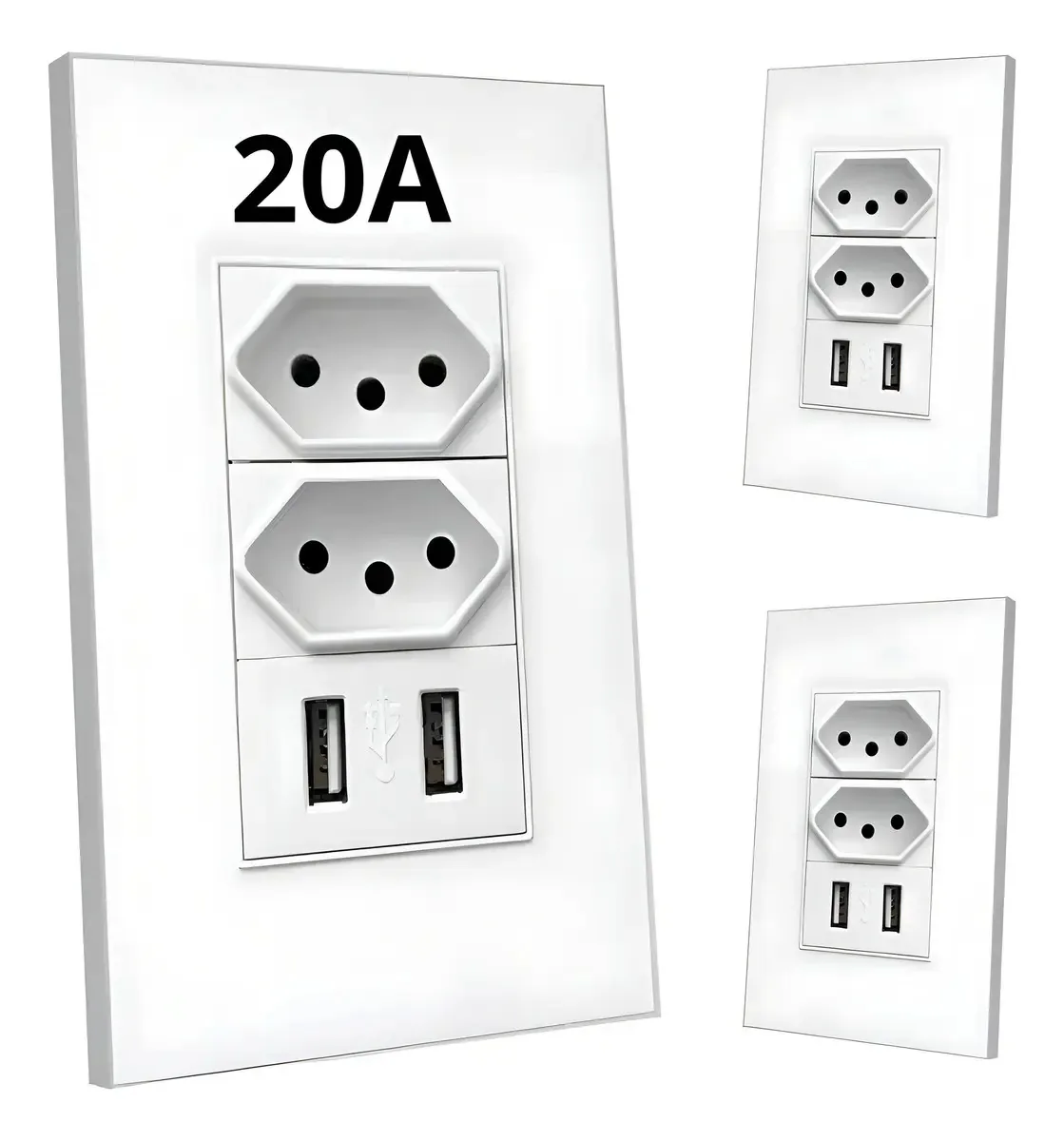 Kit C/3 Tomada 20amp Modular Dupla 2 Entradas Usb Carregador Branco