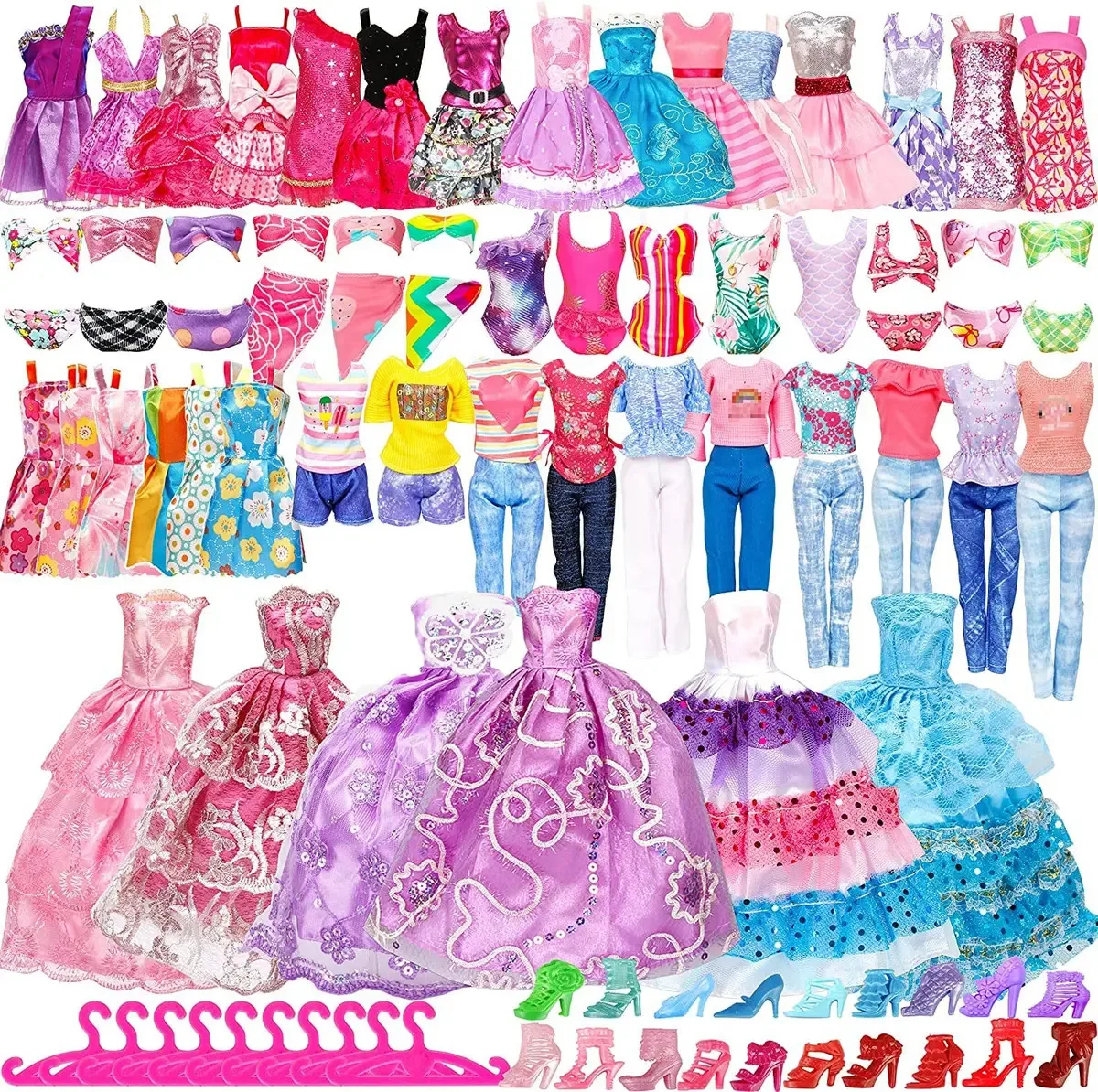 Conjunto de 50 Roupas e Acessórios Feitos à Mão para Bonecas, Inclui 5 Vestidos de Noiva, 5 Vestidos da Moda, 4 Saias no Tornozelo, 3 Tops e Calças, 3 Biquínis, 20 Sapatos e 10 Ganchos