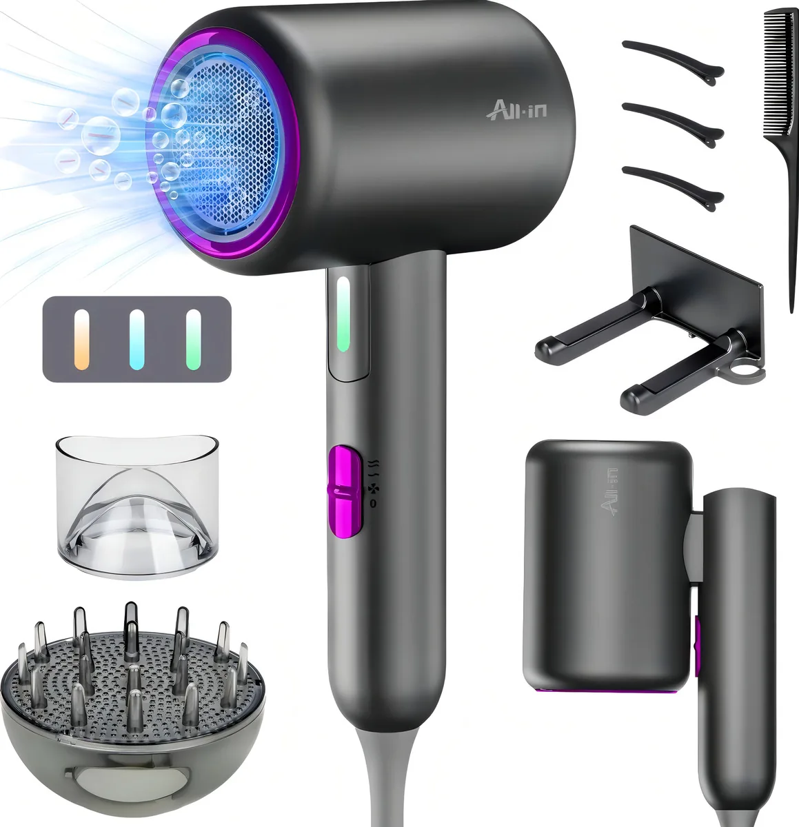 Secadores de cabelo profissionais Negative Lions, secador de cabelo profissional, secador de cabelo dobrável e portátil de 3 temperaturas de 100.000 rpm para casa, viagens e salão de beleza.