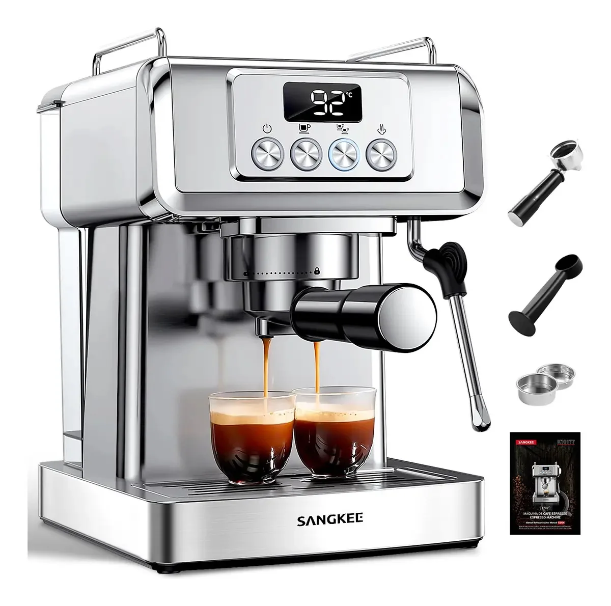 Cafeteira expresso SANGKEE, cafeteira de aço inoxidável com batedor de leite, controle digital, preparação simples ou dupla, café com leite, machiato, cappuccino, tanque de água de 1,8 L, 19 barras