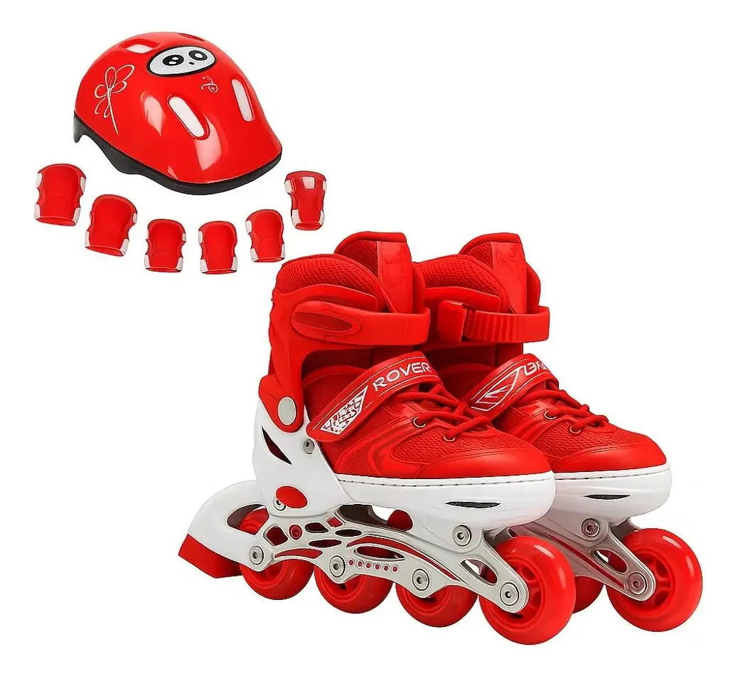 Patins lineares ajustáveis com luz+kit de proteção infantil vermelho