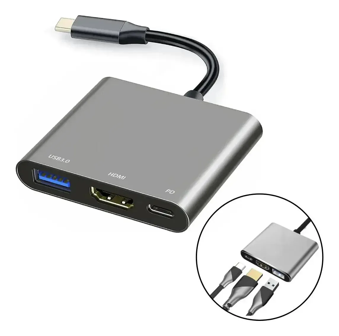 Adaptador multiporta portátil Lebeeaudio 3 em 1 Usb Hdmi Pd