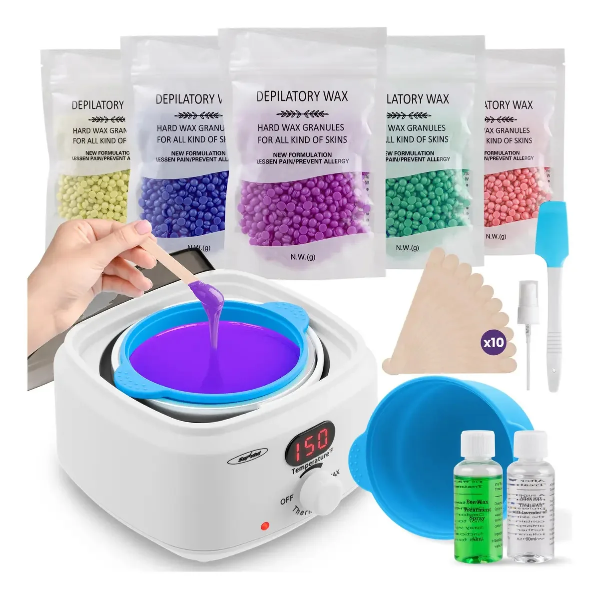 Kit de depilação Sunvivi, aquecedor de cera brasileiro para depilação com 5 sacos de esferas de cera dura, branco