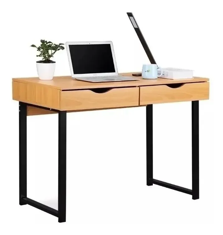 Mesa de escritório, mesa de PC, 2 gavetas, pernas de metal, LG, cor natural