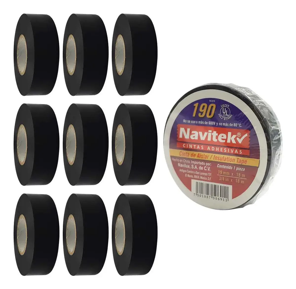 Fita isolante elétrica de vinil UV Navitek 19 mm x 18 m 10 unidades de fita isolante UL preta