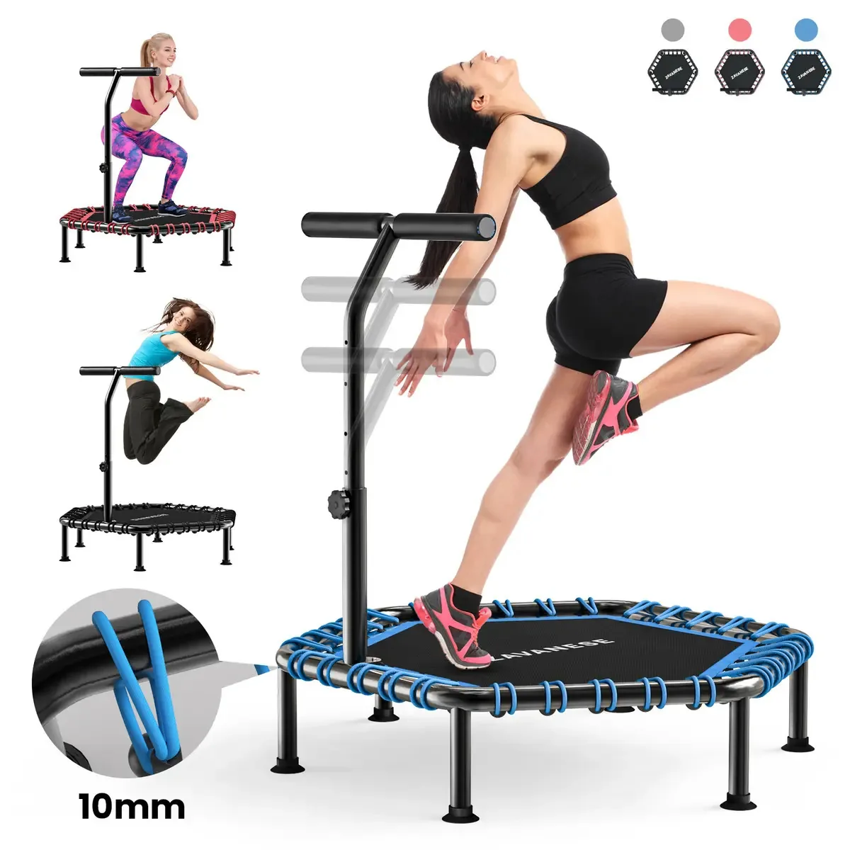 Trampolim Jump Profissional Com Apoios De Braços Ajustáveis Diâmetro Do Trampolim 108 Cm Cordão Elástico De 10 Mm Capacidade De Carga 250kg