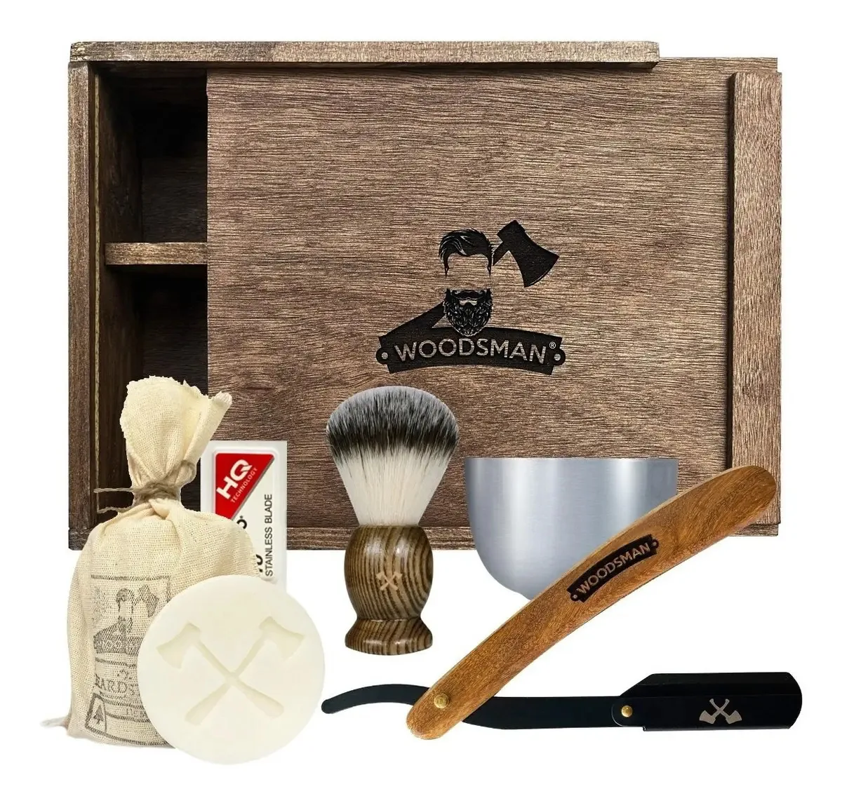 Woodsman - Kit de barbear e barbear com porta-navalhas preto