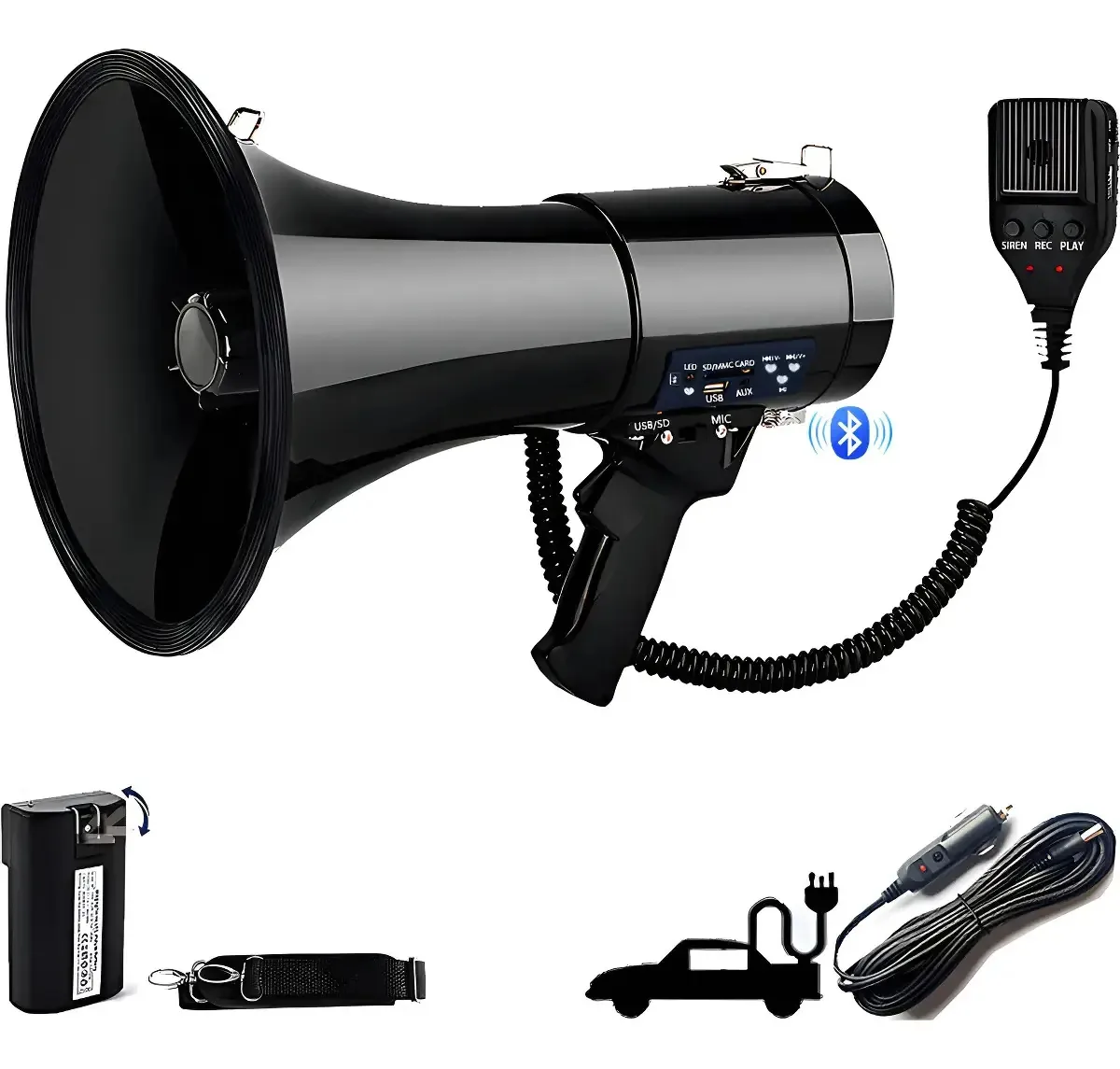 Megafone recarregável com gravador e sirene USB/SD 20000hz