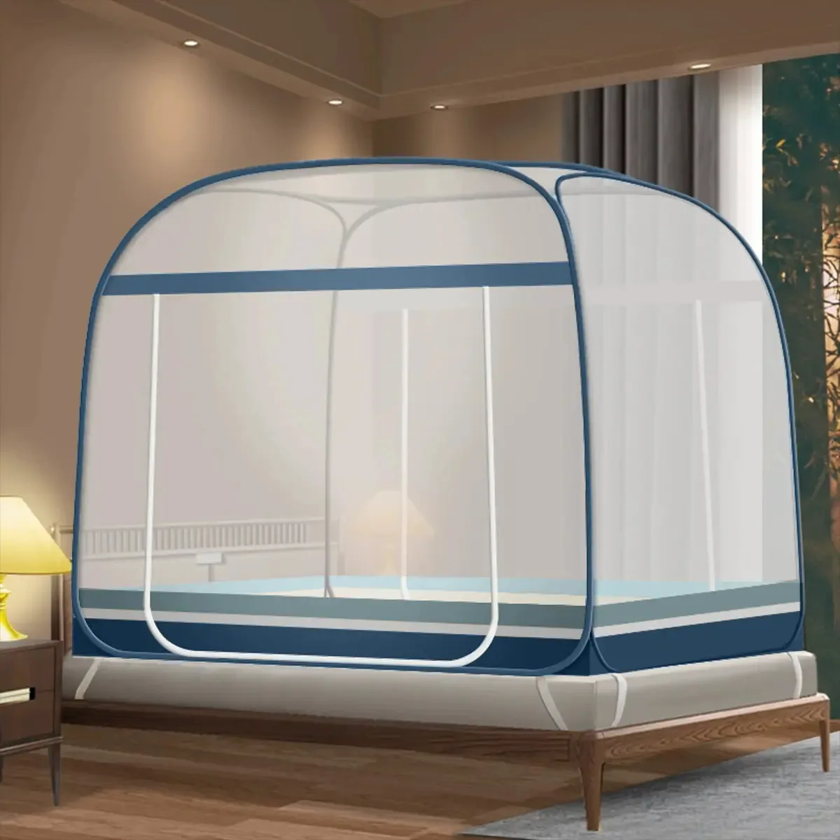 Mosquiteiro Bed Pavilion 2 × 1,8 × 1,5 m, zíper de porta dupla, proteção completa contra insetos, fácil instalação, ao ar livre e respirável, cor listrada azul