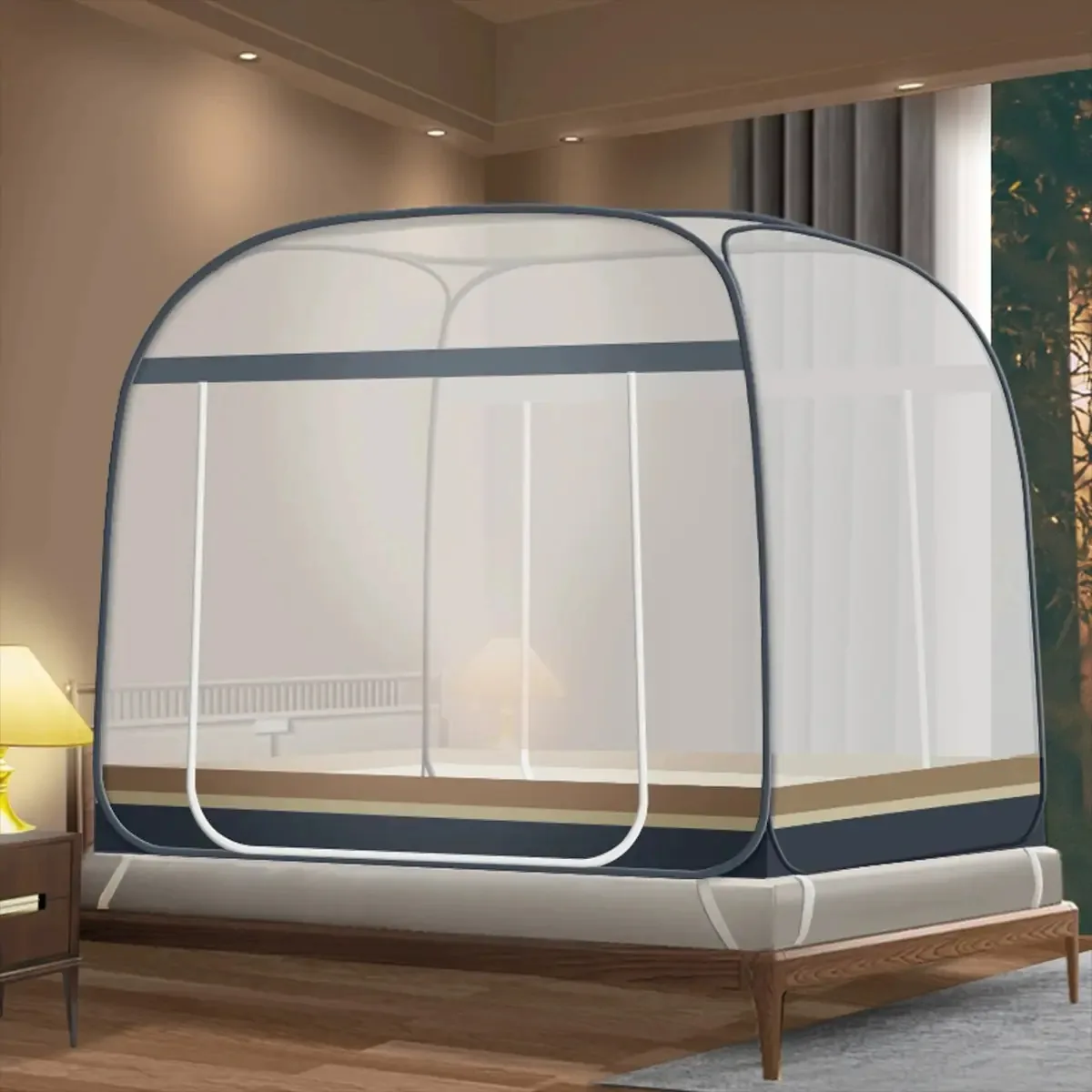 Mosquiteiro Bed Pavilion 2 × 1,8 × 1,5 m, zíper de porta dupla, proteção completa contra insetos, fácil instalação, ao ar livre e respirável, cor listrada cinza