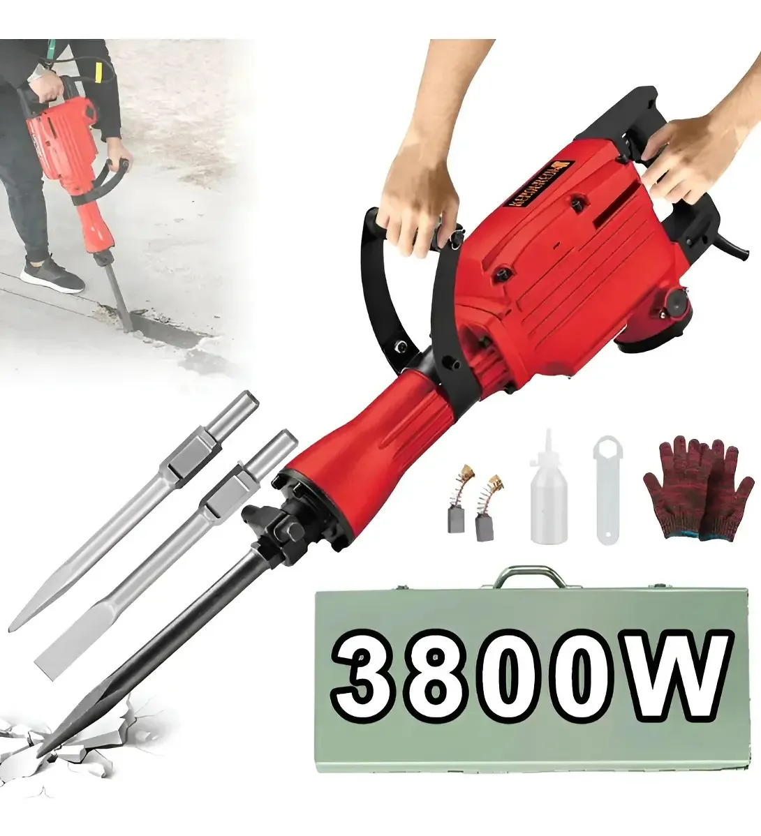 Martelo de demolição elétrico CALAMAR SHOP 3800W Martelos de demolição hexagonais 720 mm vermelhos 60 Hz 3,8 kW 62J