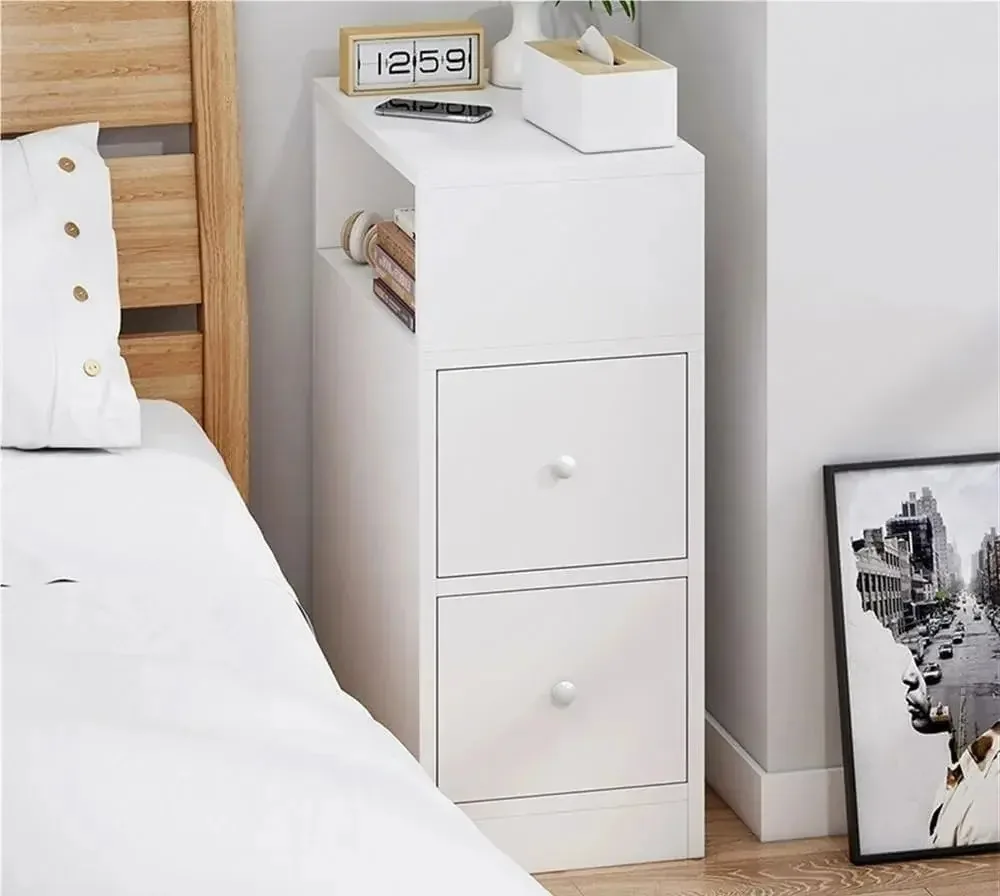 Mesa de cabeceira simples e moderna para quarto, mesa de cabeceira pequena, guarda-roupa de armazenamento ultrafino, armário de armazenamento de parede com 2 gavetas branco