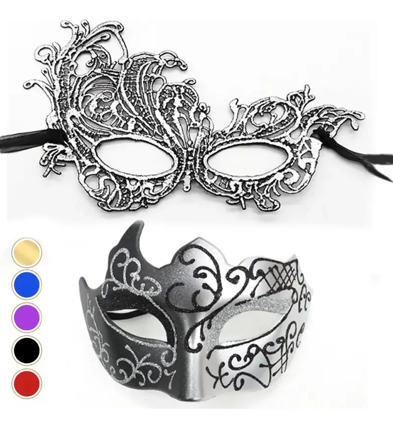 4 máscaras de festa, Halloween, casal, carnaval, prata, cosplay