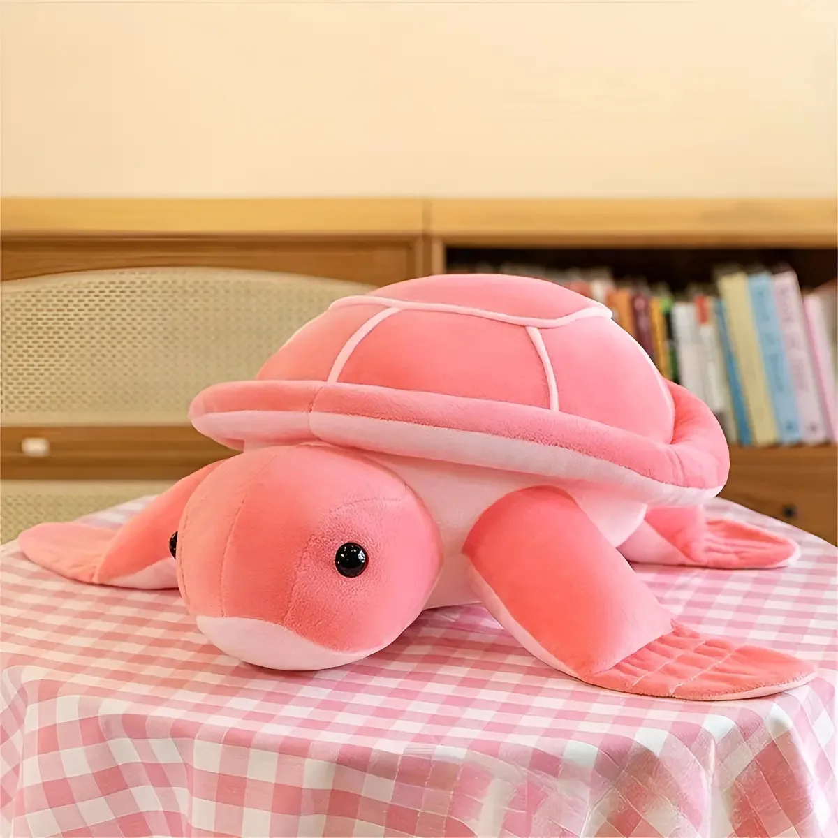 1 peça de pelúcia em forma de tartaruga, decora a cor verde do quarto