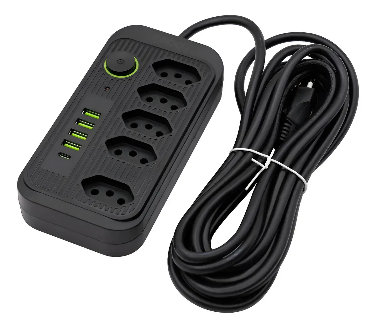 Extensão 5 Metros 5 Tomadas E 4 Usb 1 Pd Led Bivolt Cor Preto