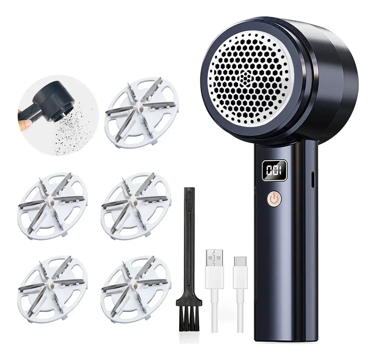 Removedor de fiapos recarregável Kkluv®, visor digital, 20 W, 4 lâminas, 3 velocidades