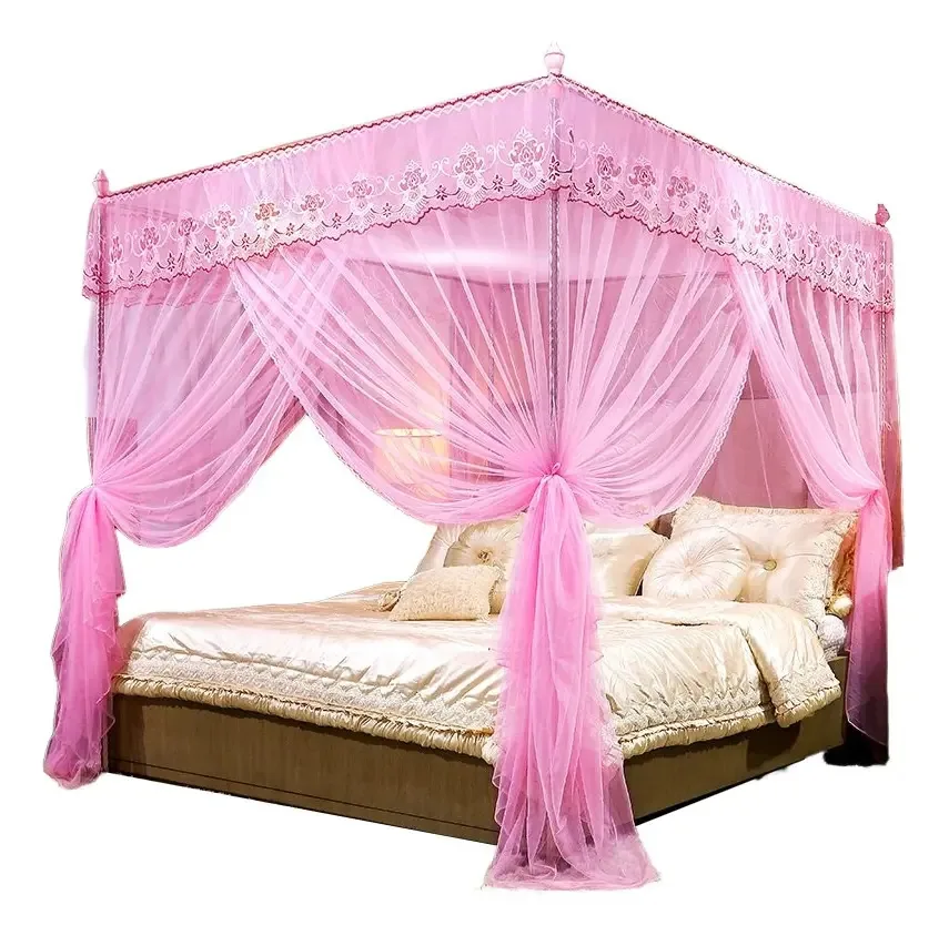 Toldo de tecido mosquiteiro violeta de 4 portas para cama de casal