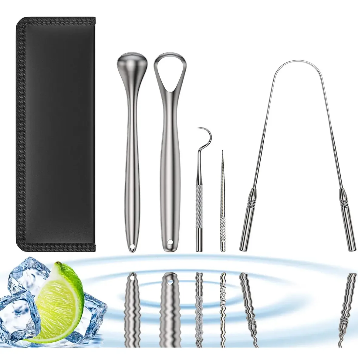 Raspador de língua, 5 peças, limpador de língua de aço inoxidável com bolsa de viagem, adequado para higiene bucal, respiração mais fresca, adequado para adultos e crianças