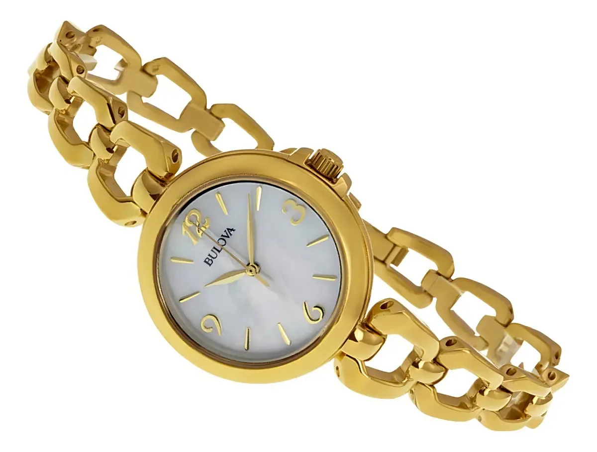 Relógio Bulova 97l138 Banhado A Ouro, Visor Branco Perola. Cor da correia Dourado Banho Ouro Cor do bisel Dourado banho Ouro Cor do fundo Branco Perolizado