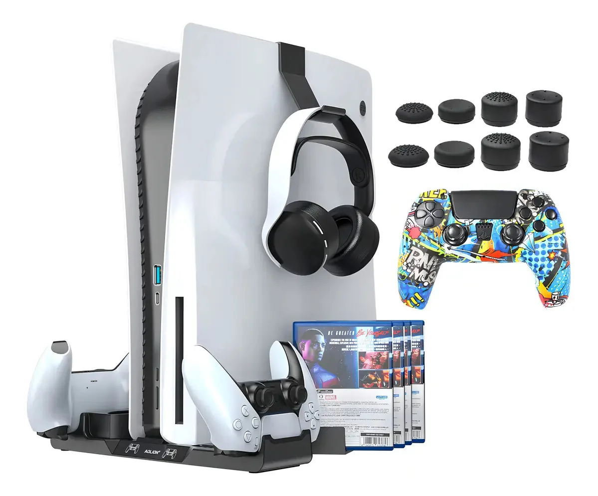 Aolion Ps5 - Soporte De Accesorios Para Playstation 5 Disco Y Edición Digital, Soporte Para Ps5 Con Estación De Cargador De Doble Driver, Soporte Para Auriculares, 12 Almacenamientos De Juegos, 8