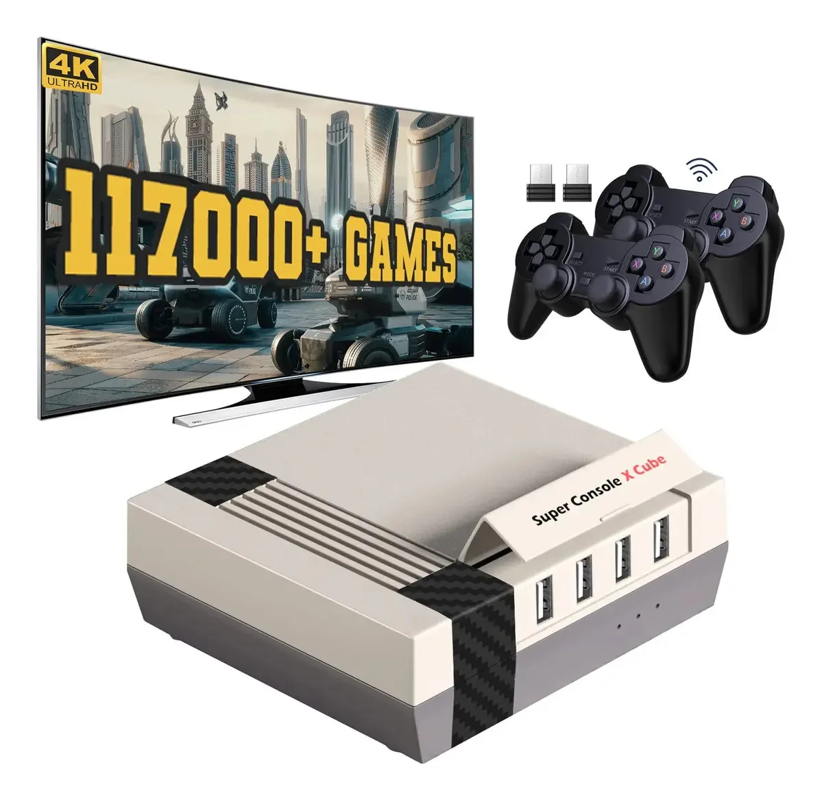 Console de videogame Kinhank 256g, Super Console X Cube, console retrô com mais de 117.000 jogos clássicos, compatível com PSP/PS1/DC/MAME, etc., 2 controles sem fio.