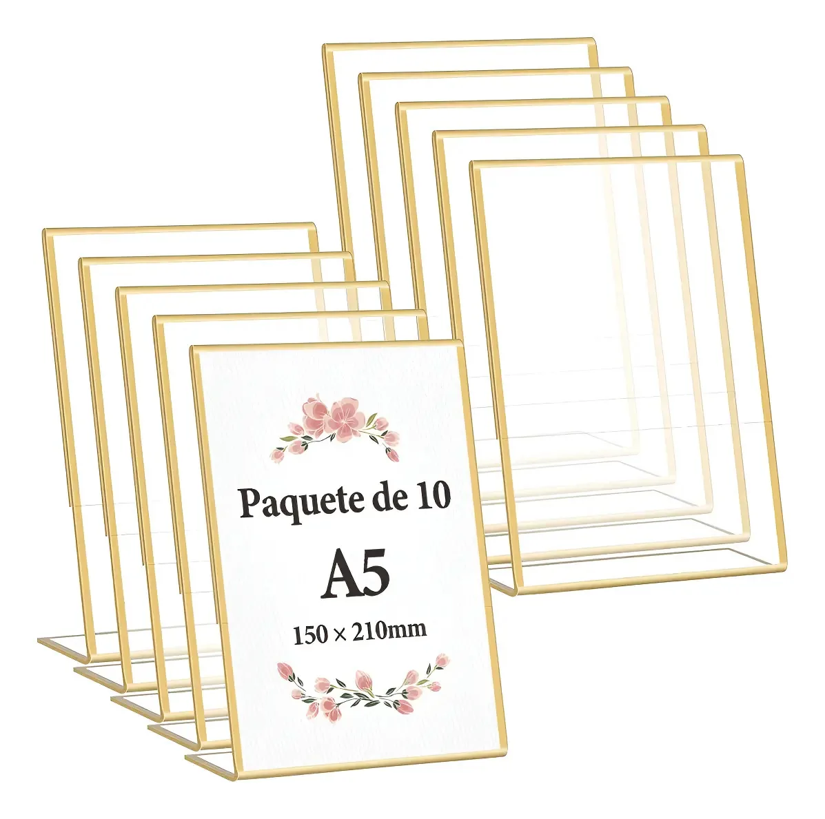 10 peças de suporte de menu em acrílico dourado, sinais, porta-folhetos A5, cor dourada